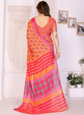 Orange handloom linen cotton digital print saree with blouse 2