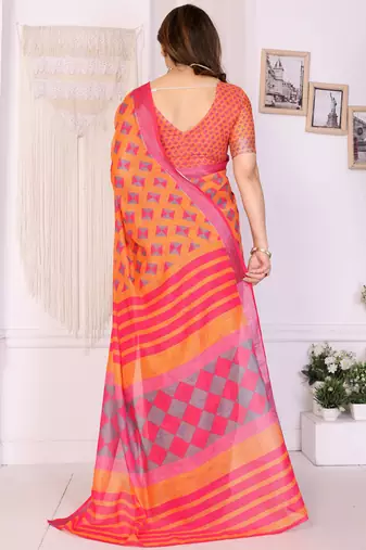 Orange handloom linen cotton digital print saree with blouse