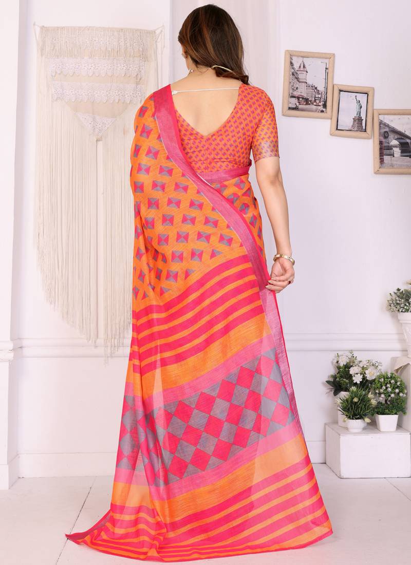 Orange handloom linen cotton digital print saree with blouse