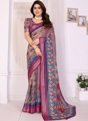 Wine handloom linen cotton digital print saree with blouse 1
