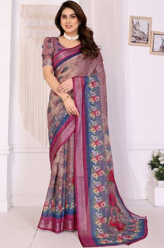 Wine handloom linen cotton digital print saree with blouse