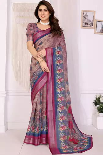 Wine handloom linen cotton digital print saree with blouse