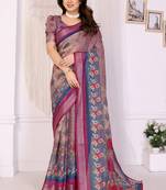 Wine handloom linen cotton digital print saree with blouse