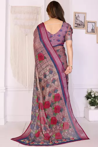 Wine handloom linen cotton digital print saree with blouse