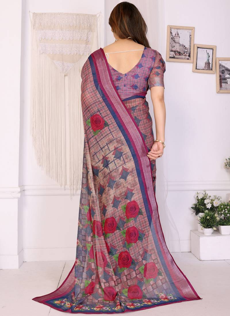 Wine handloom linen cotton digital print saree with blouse