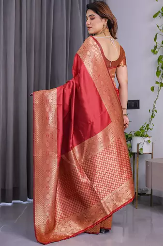 Red soft lichi silk saree with blouse