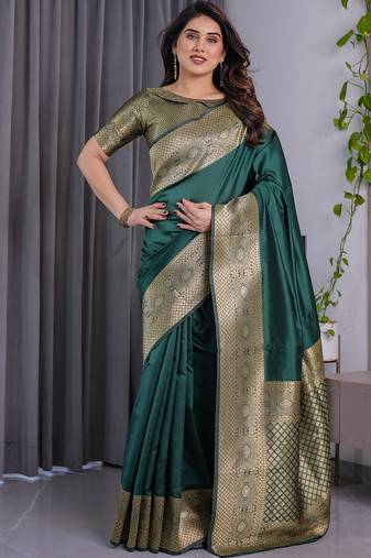 Green soft lichi silk saree with blouse