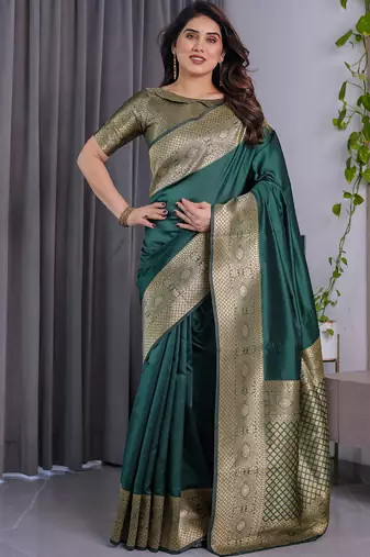 Green soft lichi silk saree with blouse