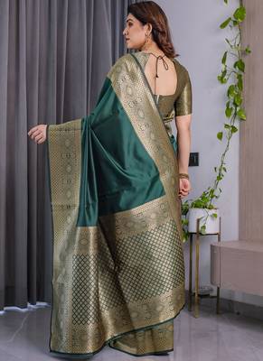 Green soft lichi silk saree with blouse 2