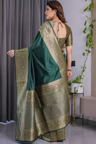 Green soft lichi silk saree with blouse