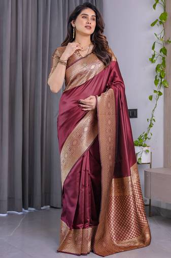 Maroon soft lichi silk saree with blouse