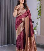 Maroon soft lichi silk saree with blouse