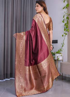 Maroon soft lichi silk saree with blouse 2