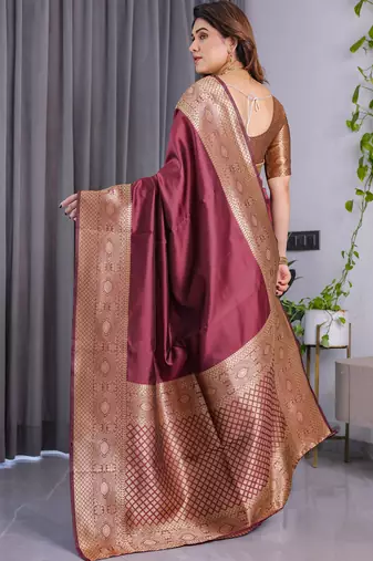 Maroon soft lichi silk saree with blouse
