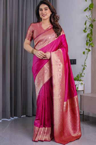 Pink soft lichi silk saree with blouse