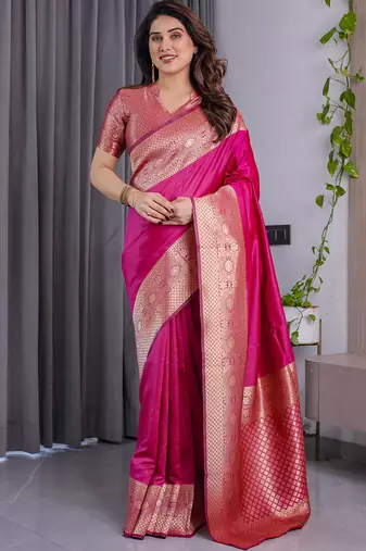 Pink soft lichi silk saree with blouse