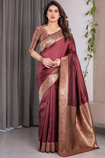 Maroon soft lichi silk saree with blouse