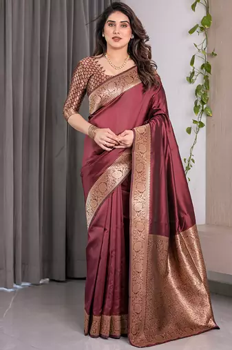 Maroon soft lichi silk saree with blouse