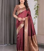 Maroon soft lichi silk saree with blouse