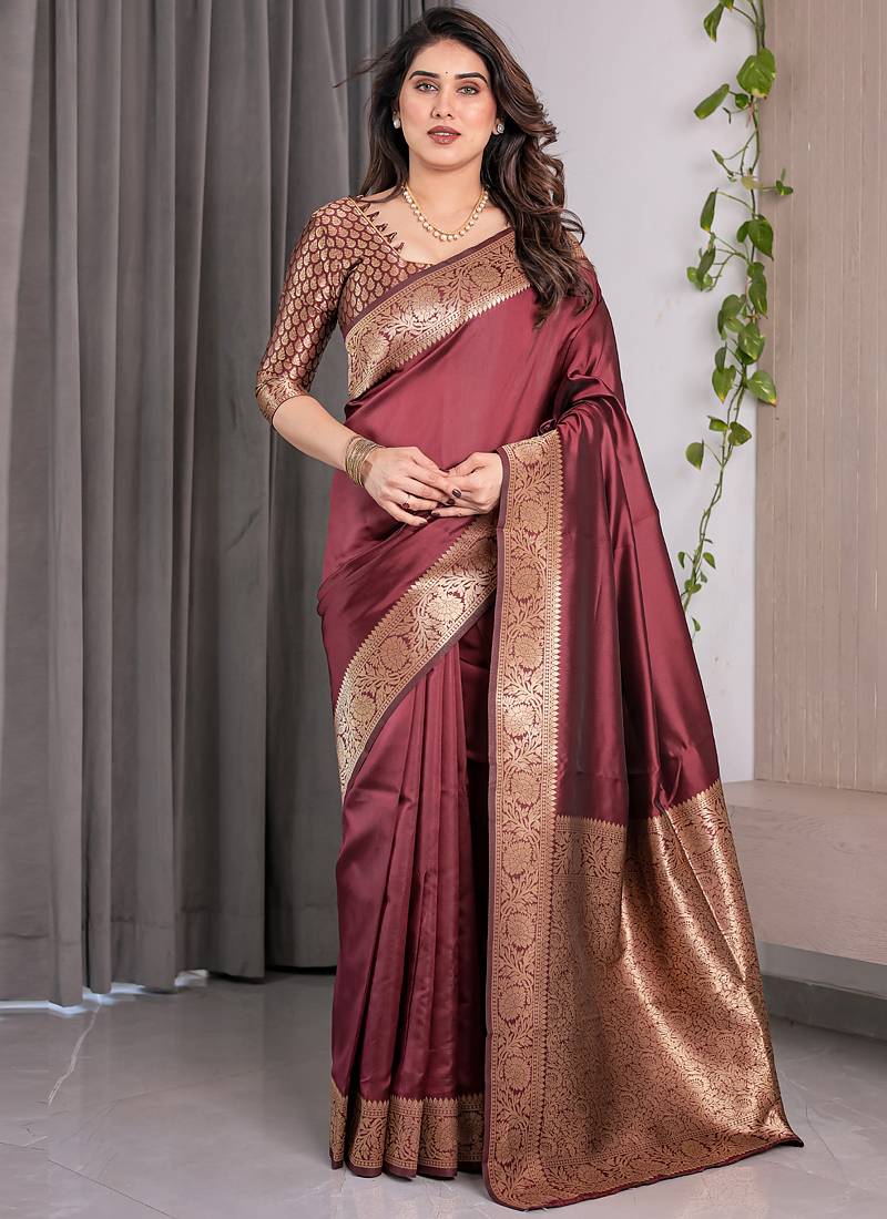 Maroon soft lichi silk saree with blouse