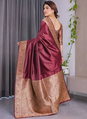 Maroon soft lichi silk saree with blouse 2