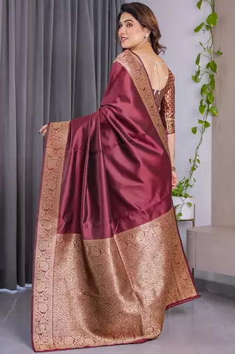 Maroon soft lichi silk saree with blouse