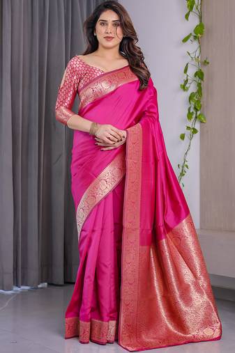 Pink soft lichi silk saree with blouse