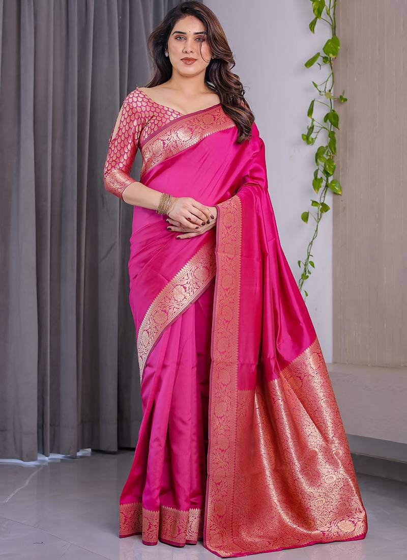Pink soft lichi silk saree with blouse
