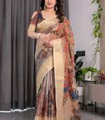 Cream pure handloom linen floral printed saree
