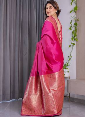 Pink soft lichi silk saree with blouse 2