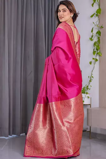Pink soft lichi silk saree with blouse