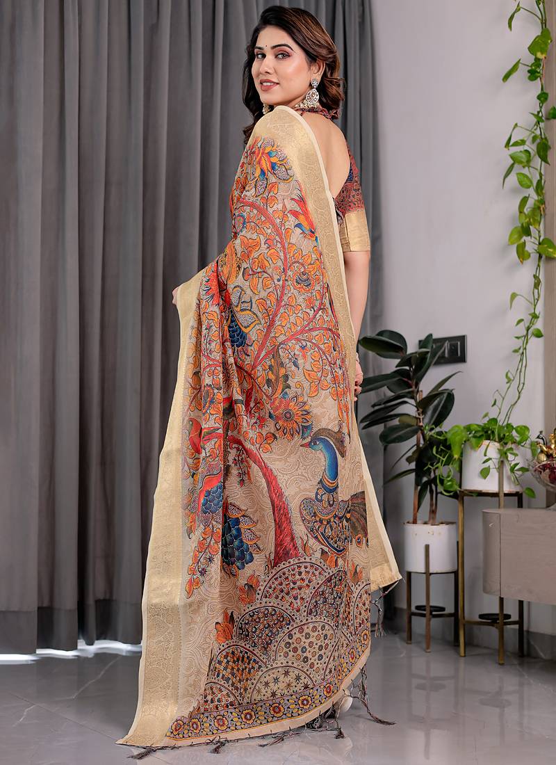 Cream pure handloom linen floral printed saree