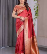 Red soft lichi silk saree with blouse