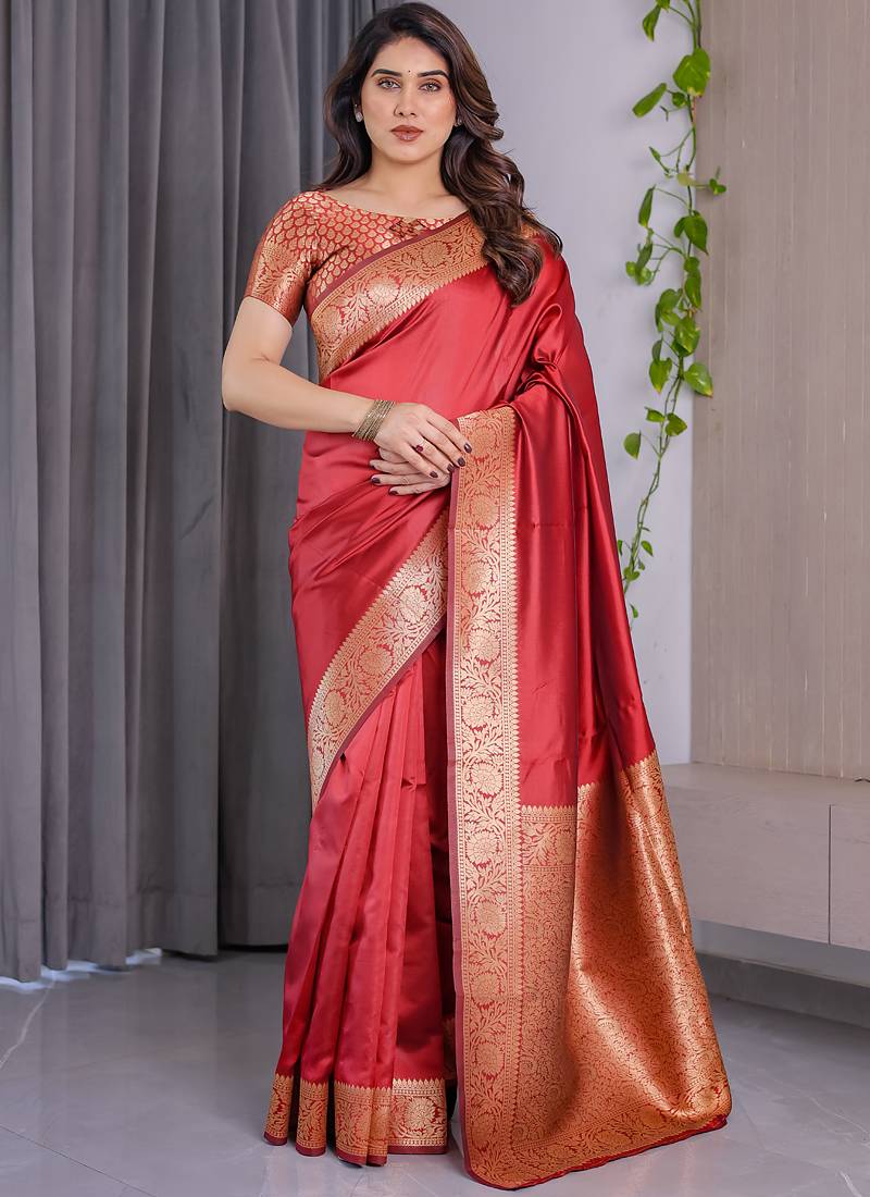 Red soft lichi silk saree with blouse
