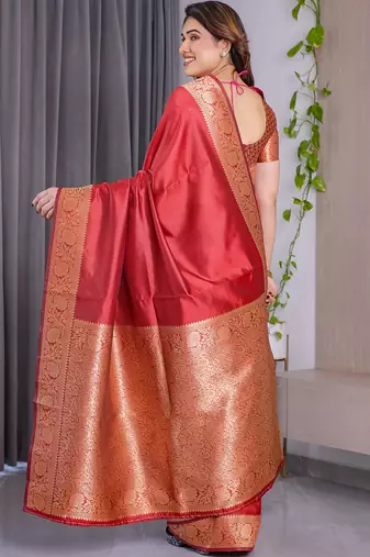 Red soft lichi silk saree with blouse