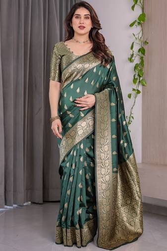 Green soft lichi silk saree with blouse