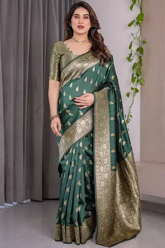 Green soft lichi silk saree with blouse