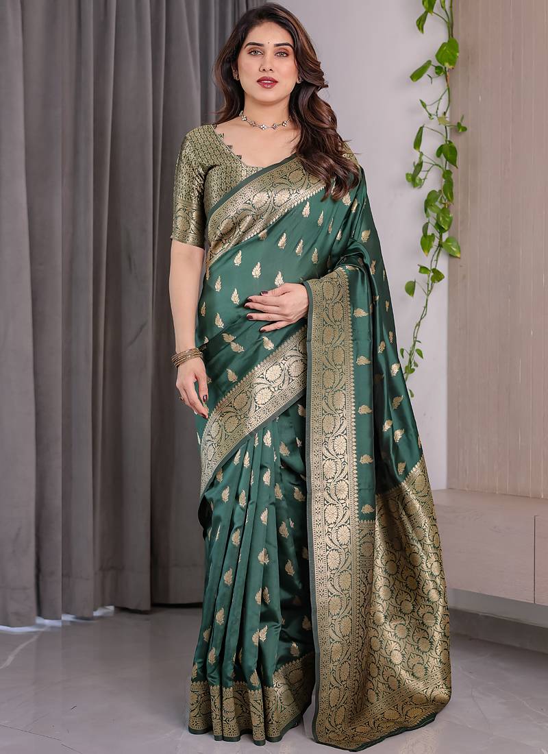 Green soft lichi silk saree with blouse