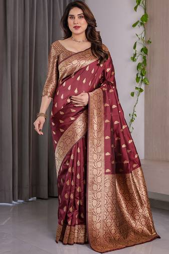 Maroon soft lichi silk saree with blouse