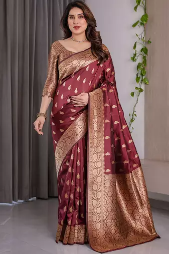 Maroon soft lichi silk saree with blouse