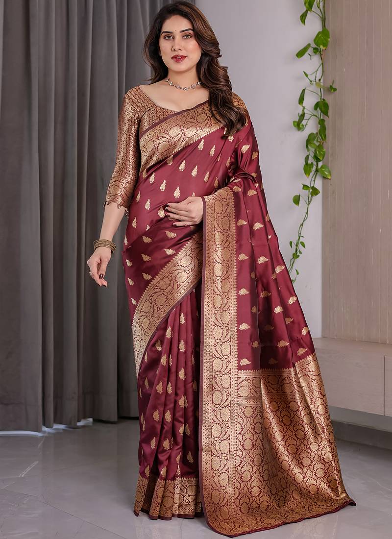 Maroon soft lichi silk saree with blouse