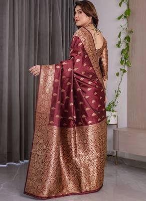 Maroon soft lichi silk saree with blouse 2