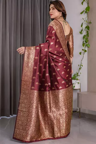 Maroon soft lichi silk saree with blouse