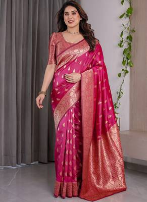 Pink soft lichi silk saree with blouse 1