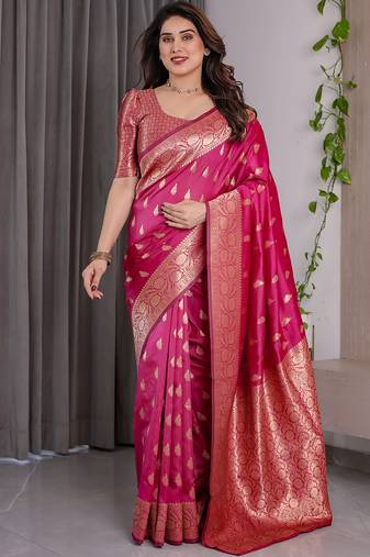 Pink soft lichi silk saree with blouse