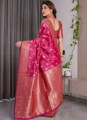 Pink soft lichi silk saree with blouse 2