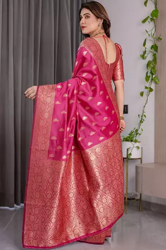 Pink soft lichi silk saree with blouse