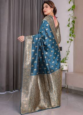 Rama soft lichi silk saree with blouse 2