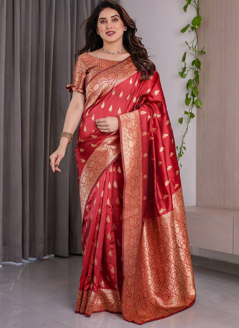 Red soft lichi silk saree with blouse