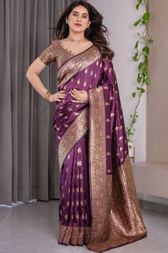 Wine soft lichi silk saree with blouse
